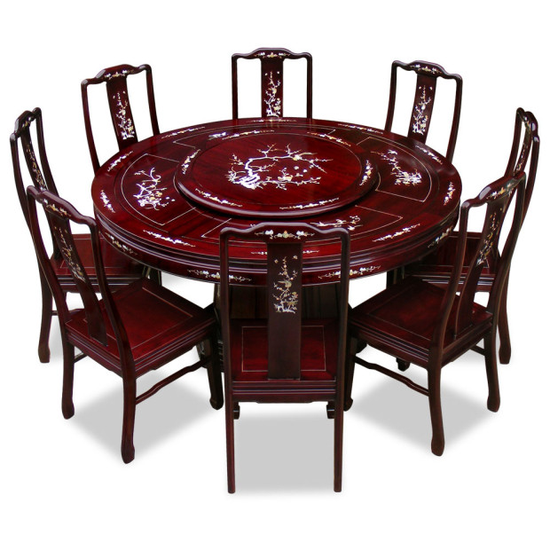 chinese rosewood flower carving round dining table set