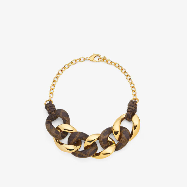 gold colored metal and brown ff leather necklace