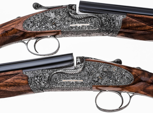 grifnee engraved   gold inlaid holland   holland royal deluxe shotgun pair