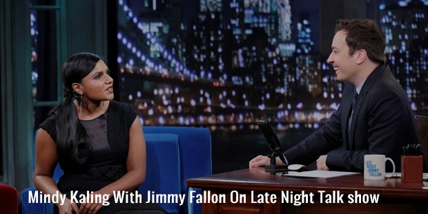 mindy kaling with jimmy fallon on late night talk show