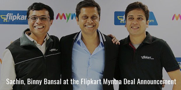 sachin, binny bansal at the flipkart myntra deal announcement