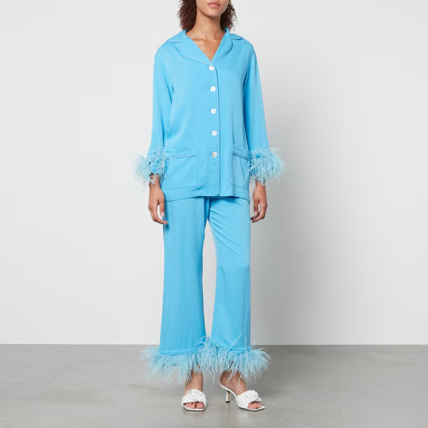 sleeper feather trimmed crepe de chine pajama set