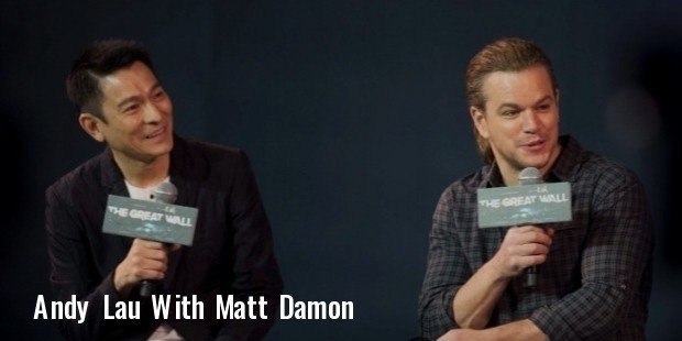 actor matt damon speaks next to hong kong movie star andy lau during a july 2