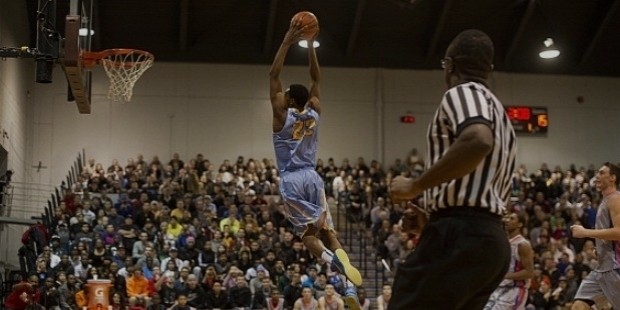 andrew wiggins rising high for a dunk at mcmaster university in hamilton