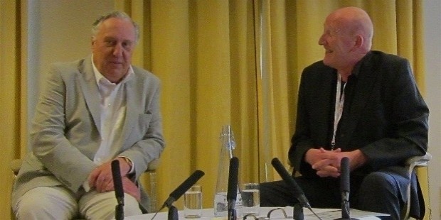 diamond dagger winner frederick forsyth being interviewed by peter guttridge