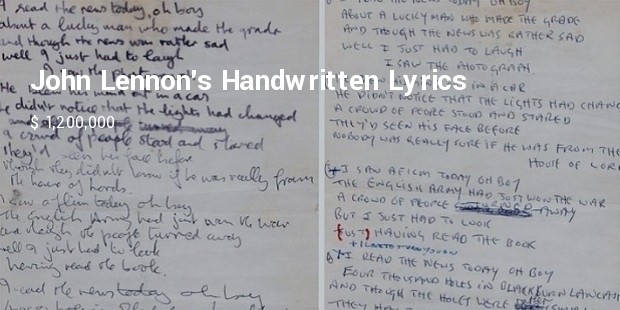 john lennons handwritten lyrics to a day in the life