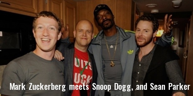 mark zuckerberg, rapper snoop dogg, and entrepreneur sean parker