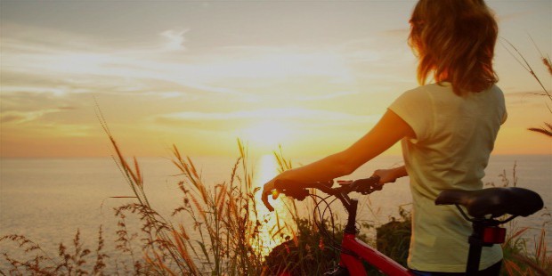 mood girl girl a woman sports bike nature rye wheat sunset sun sky clouds sea river water reflection background widescreen full screen widescreen hd wallpapers