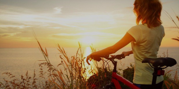 mood girl girl a woman sports bike nature rye wheat sunset sun sky clouds sea river water reflection background widescreen full screen widescreen hd wallpapers