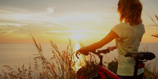 mood girl girl a woman sports bike nature rye wheat sunset sun sky clouds sea river water reflection background widescreen full screen widescreen hd wallpapers