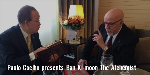 paulo coelho presents ban ki moon with a special signed edition of the alchemist