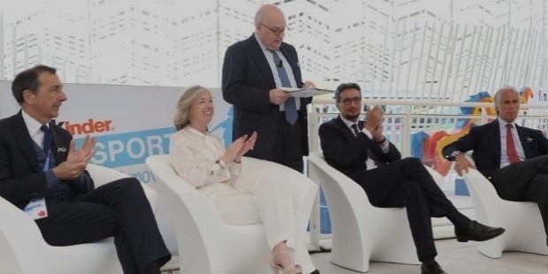 sala , the minister stefania giannini , giovanni ferrero , for the confectionery group , and the coni president giovanni malago today at the opening of the pavilion kinder