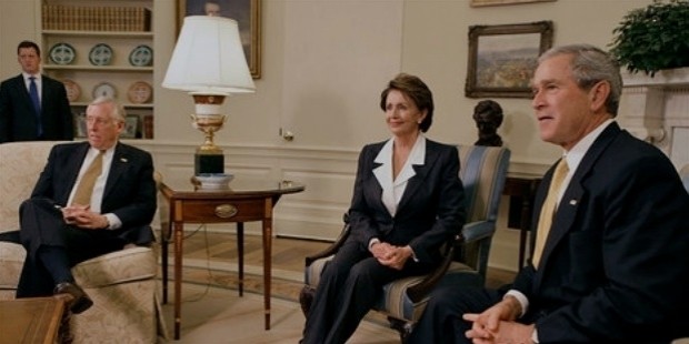 speaker designate pelosi and house minority whip steny hoyer meeting with president george w