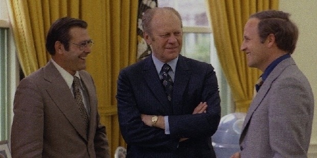 white house chief of staff donald rumsfeld  left  and his assistant cheney  right  meet with president gerald ford at the white house