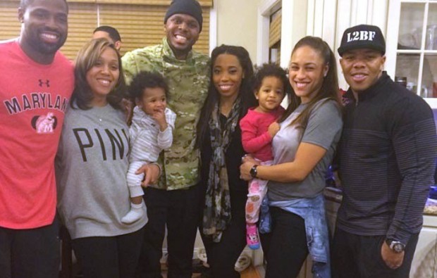 Ray Rice and his wife with guests who came to Janay's birthday