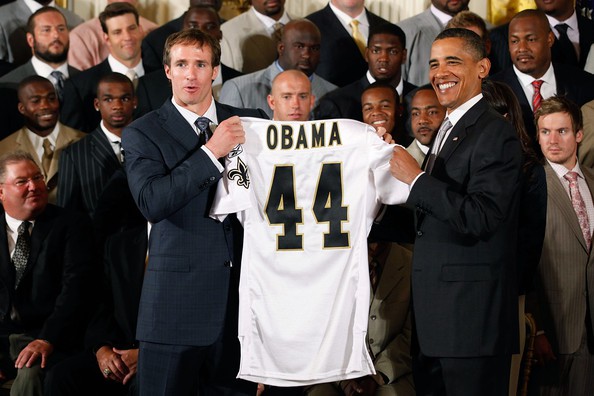 Drew Brees presents NOS jersey to Barack Obama