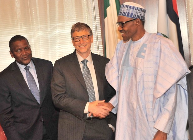 Aliko Dangote and Bill Gates with President of the Federal Republic of Nigeria, Muhammadu Buhari
