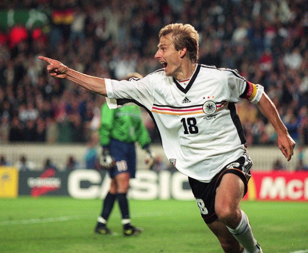 Jurgen Klinsmann celebrates after scoring goal