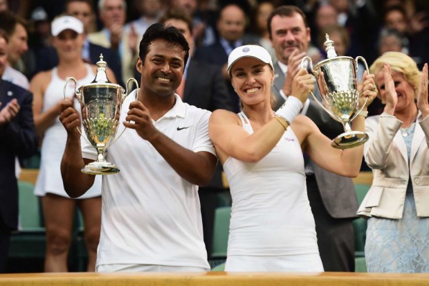Martina Hingis and Leander Paes celebrate Wimbledon mixed doubles title
