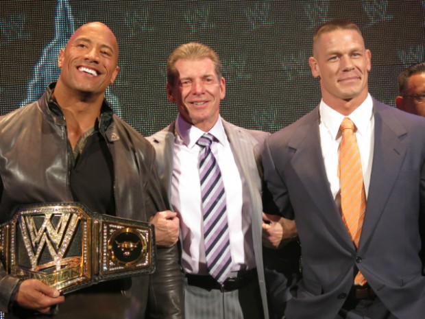 Rock with WWE Chairman Vince McMahon and John Cena