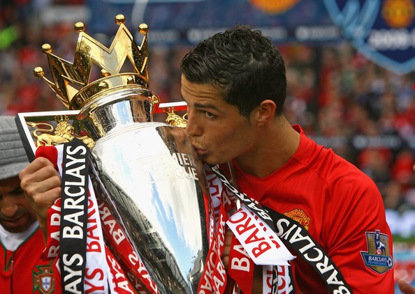 Ronaldo Kissing Premier League Trophy for Manchester United