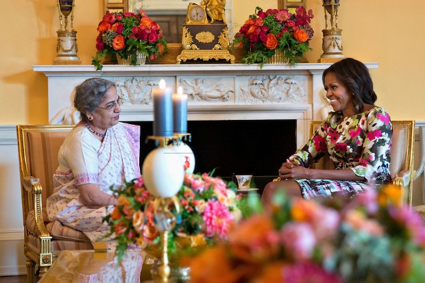 Michelle Obama With Mrs. Gursharan Kaur, wife of former Prime Minister Manmohan Singh of India