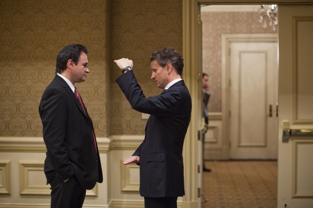 U.S. Treasury Secretary Timothy Geithner, right, spoke with Greek Finance Minister George Papaconstantinou