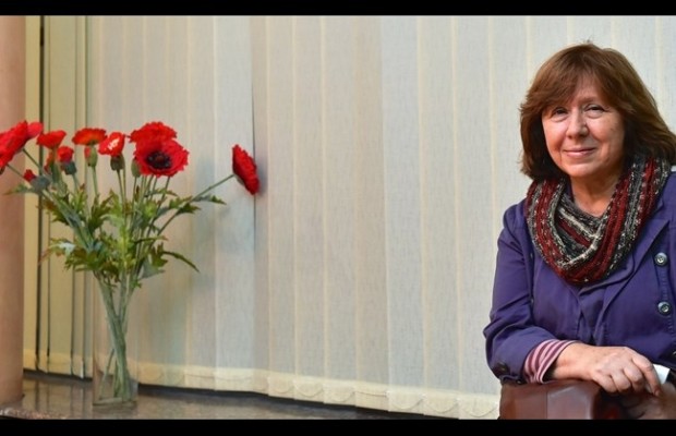 Belarusian journalist and writer Svetlana Alexievich during her visit to Minsks Ukrainian embassy