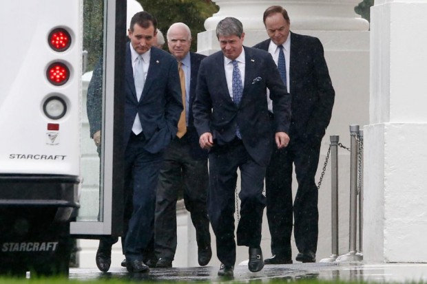 Ted Cruz of Texas, John McCain of Arizona, David Vitter of Louisiana, and Richard Shelby of Alabama, Walking in the Rain