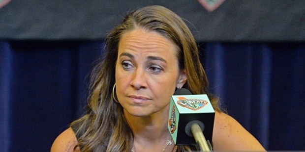 Former WNBA Player Becky Hammon speaks to the media during her New York Liberty Ring