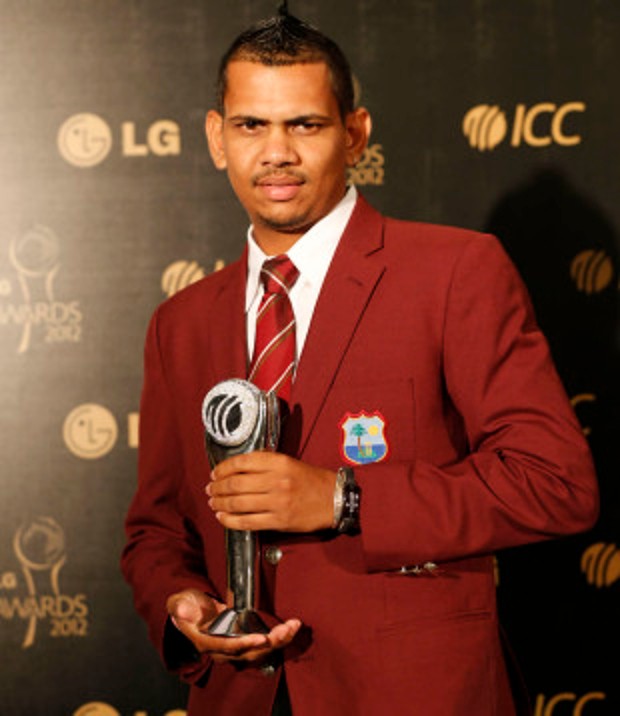 Sunil Narine poses with the Emerging Cricketer of the Year award