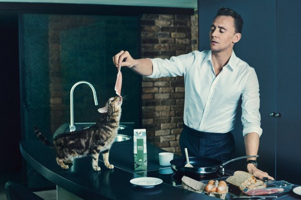 Tom's photoshoot with a cat for Shortlist magazine
