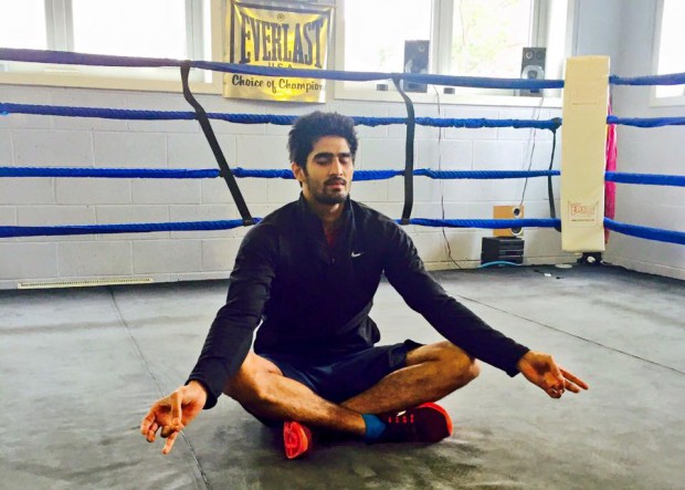 Vijender on National Yoga Day in his gym